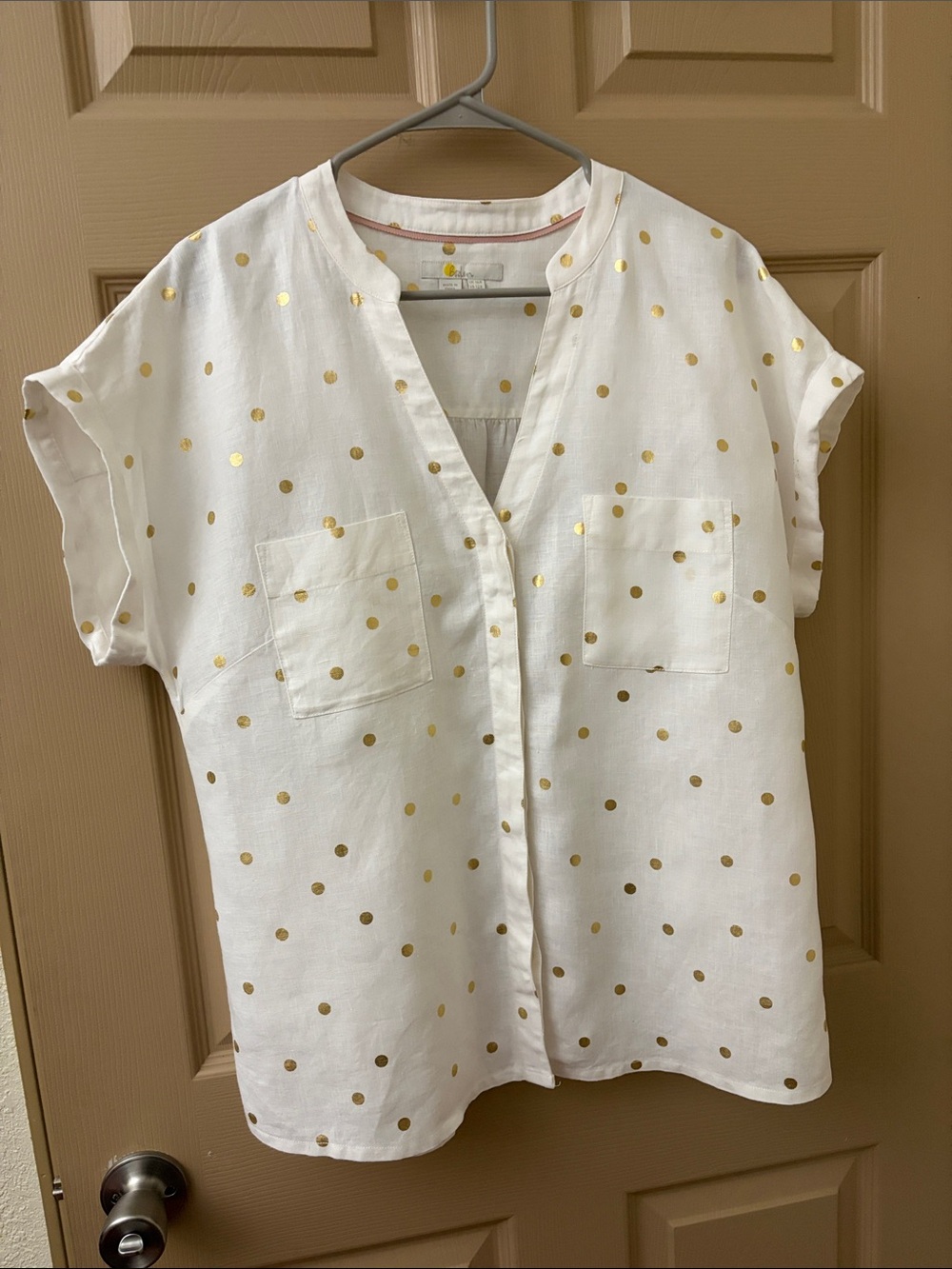 Boden White Linen Blouse with Gold Polka Dots